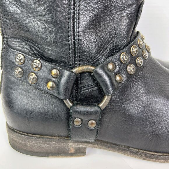 Frye Phillip Studded Harness Boots Moto Biker Full Leather Ankle Booties Black 9 - Picture 2 of 16